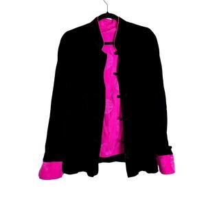 Unbranded Women Velvet Kimono Jacket Sz M High Collar Toggle Lined Black Pink